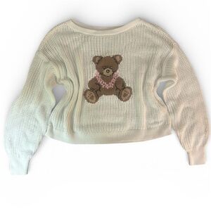 Hollister Small White Teddy Bear Lei Oversized Off Shoulder Sweater, Loose Knit